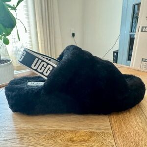 UGG Black Fluffy Slide Sandals